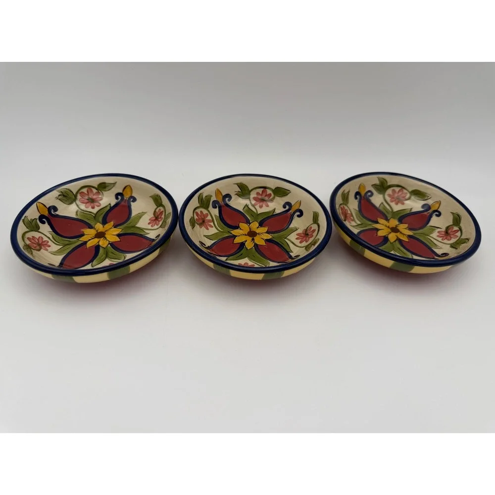 Pier 1 Vallarta Dipping Bowls Set of 3 Hand Painted Earthenware Floral Striped